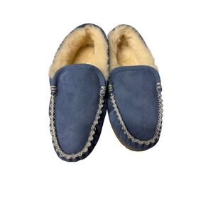 LL Bean Wicked Good Moccasins Womens 6 Blue Suede Shearling Slippers 501939